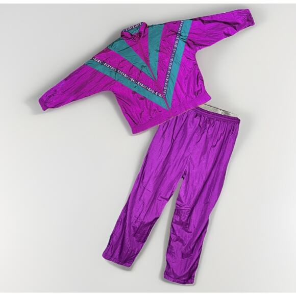 VTG 90s Lavon XL Track Suit Jacket Pants Windbreaker Retro Purple Teal Shiny Ski - Picture 1 of 16